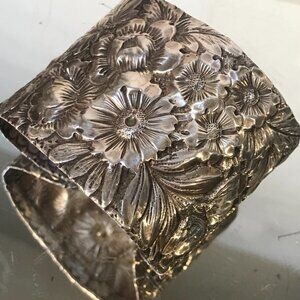 Sterling Silver Spoon Ring Cuff Bracelet Floral Victorian 925 Wide Antique .925